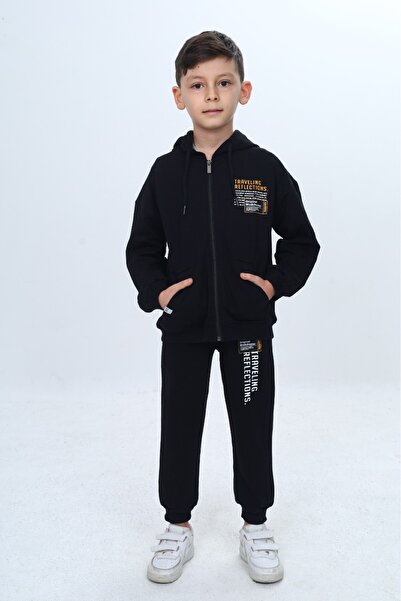 Toontoy Boy's Chest Lettering Printed Zippered Tracksuit Set