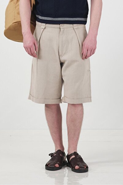 GIESTO Beige Linen Shorts with Pocket Details