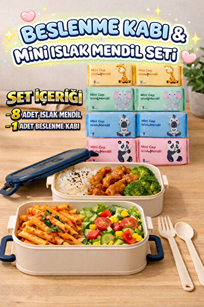 M&H 2 Katlı Beslenme Kabı ve 8'li Islak Mendil Yemek Seti - Ofis, Okul, Kamp ...