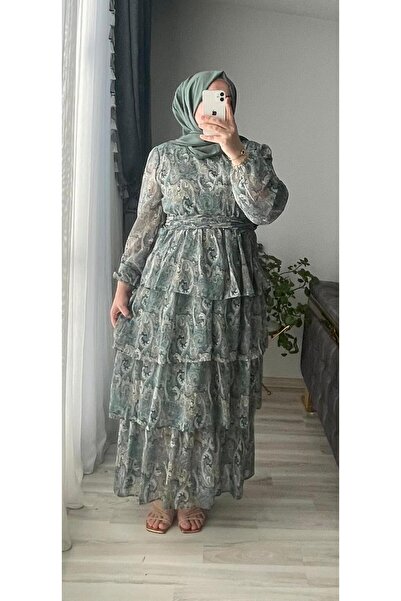 Sara Deluxe Elegant D Patterned Layered Chiffon Dress-With Belt at the Waist-...