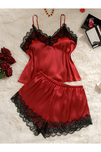 Take Two By Styli Red Lace Cami Top and Shorts Set