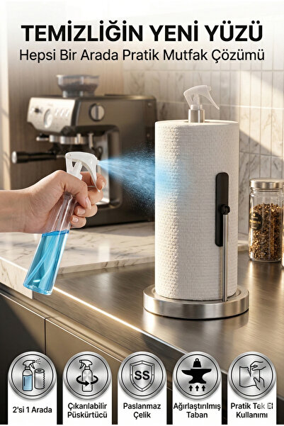 Playtronik 2'si 1 Arada Paslanmaz Çelik Rulo Kağıt Havluluk - Dahili Sprey Şi...