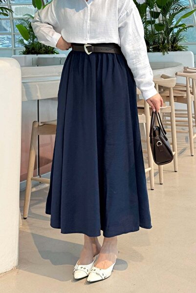 lamelif Pocket Detail Flared Skirt Navy Blue