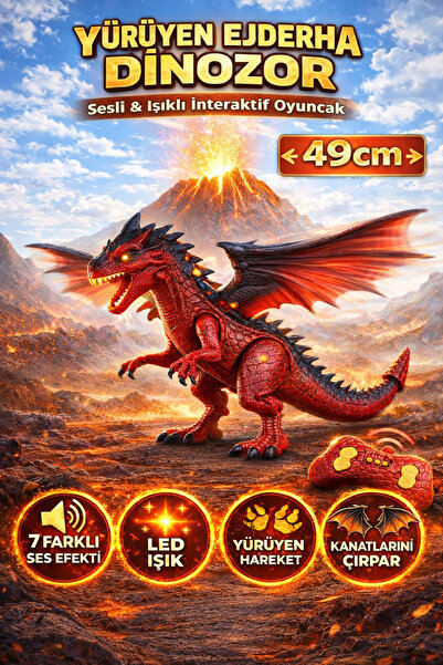 YILDIRIM OYUNCAK Uzaktan Kumandalı Yürüyen Ejderha Dinozor 49cm – Sesli Işıkl...
