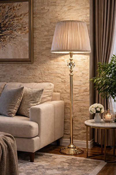 Riyes Tasarım Kristal Detaylı Gold Ayaklı Lambader – Salon ve Oturma Odası Ay...