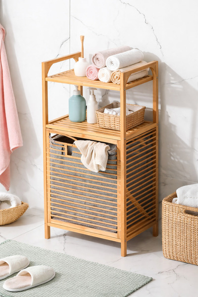 ARVALE Καλάθι απλύτων από μπαμπού με ράφια και καπάκι, ντουλάπι απλύτων 2 επι...