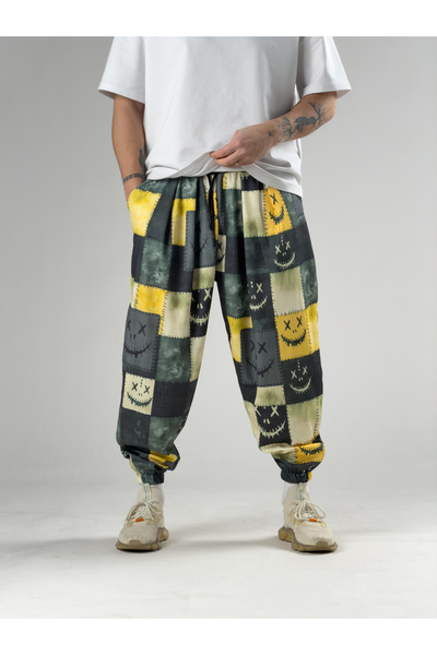 COCOPELLI Pantaloni Shalwar pentru bărbați Patch Smile Yellow cu pliuri COC2934
