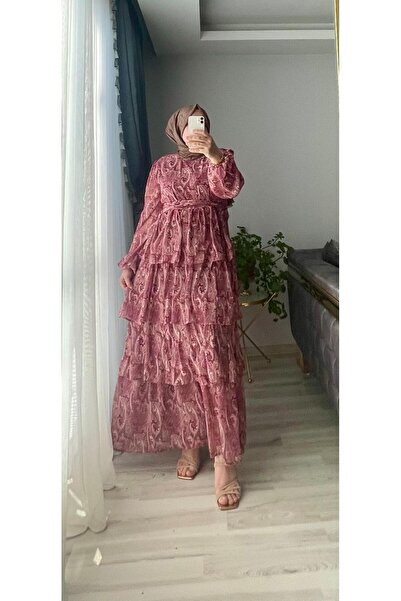 Sara Deluxe Elegant D Patterned Layered Chiffon Dress-With Belt at the Waist-...