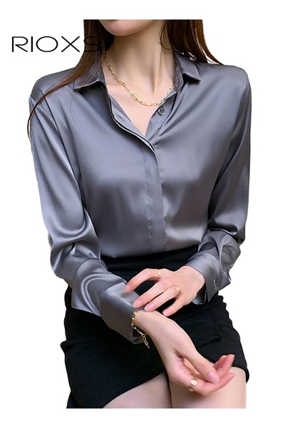 RIOXS Women's Blue Satin Long Sleeve Shirt, Elegant Notch Collar Blouse, Ligh...