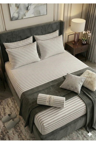 carwen home tekstil Natural Striped Elasticated Charama Bed Sheet Mi Single/D...