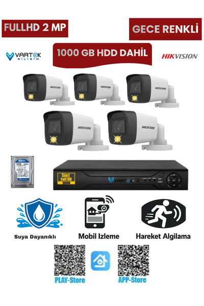 Hikvision 5 Kameralı Güvenlik Kamera Seti 2MP 1080P Gece Renkli Tak Çalıştır ...