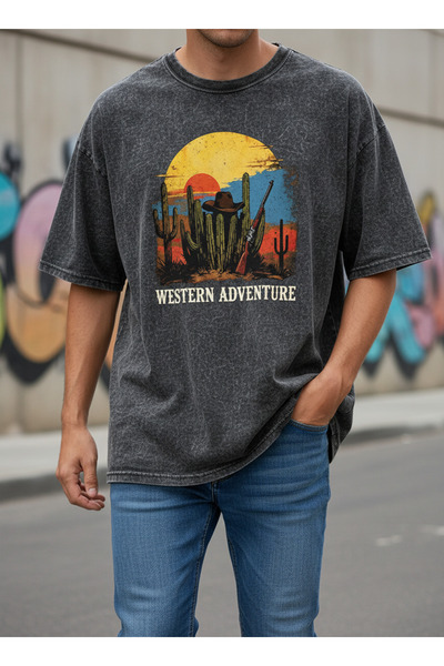 ship master Tricou negru supradimensionat pentru bărbați Western Adventure Ca...