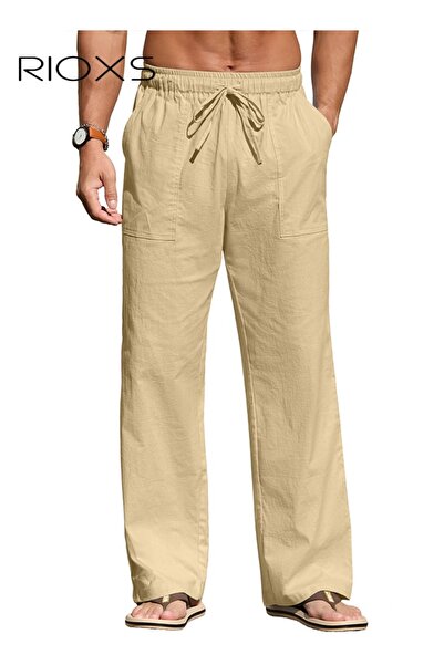 RIOXS Men's Khaki Relaxed Fit Cargo Pants, Low Rise Drawstring Waist Casual T...