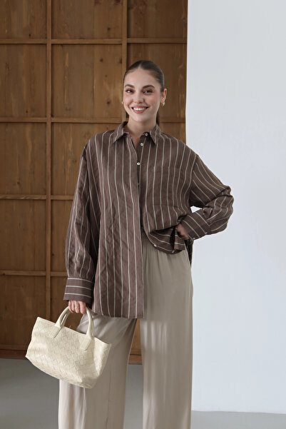 roea Gizli Patlı Çizgili Modal Gömlek Kahve