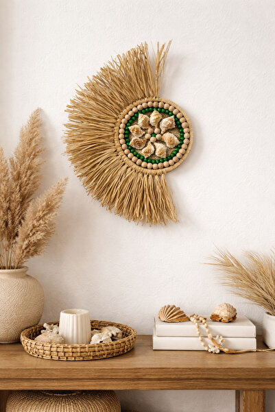 zeynep süs ev Bohem Rafya Duvar Dekoru Deniz Kabuklu Ahşap Boncuklu El Yapımı...