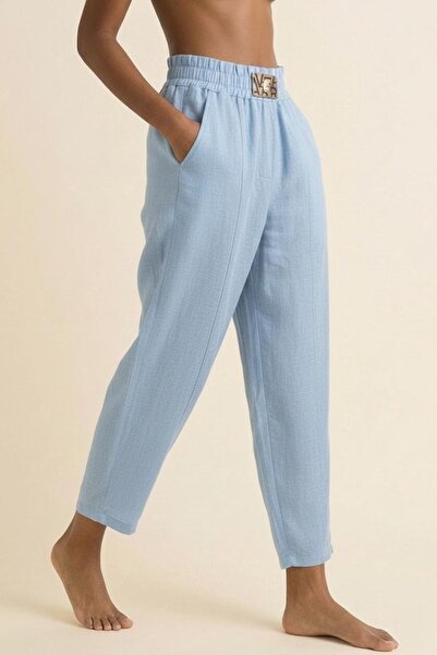 Avatar Baby Blue High Waist Elastic Waist Pocketed Comfortable Summer Linen W...