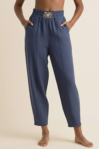 Avatar Dark Blue High Waist Elastic Waist Pocketed Comfortable Summer Linen W...