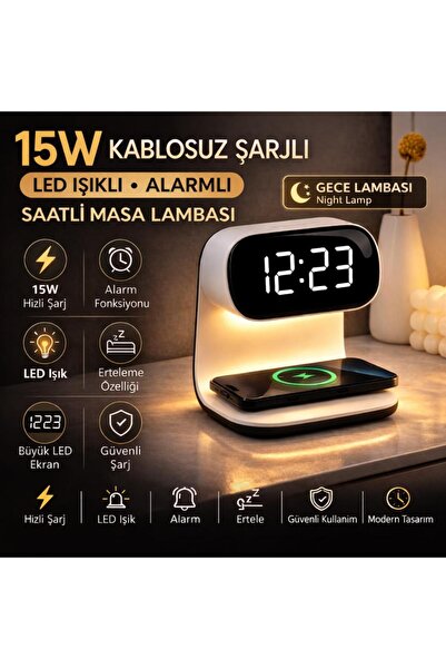 coofbe 3IN1 15W Kablosuz Masaüstü Şarj Standı - Alarmlı Dijital Masa Saati- A...