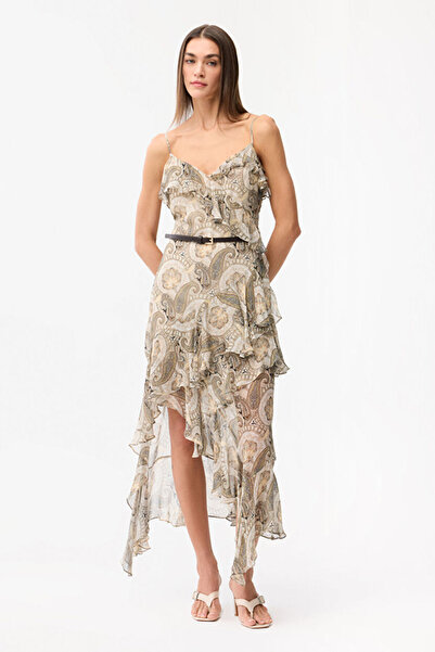 Love My Body Desenli Volan Detaylı Şifon Elbise