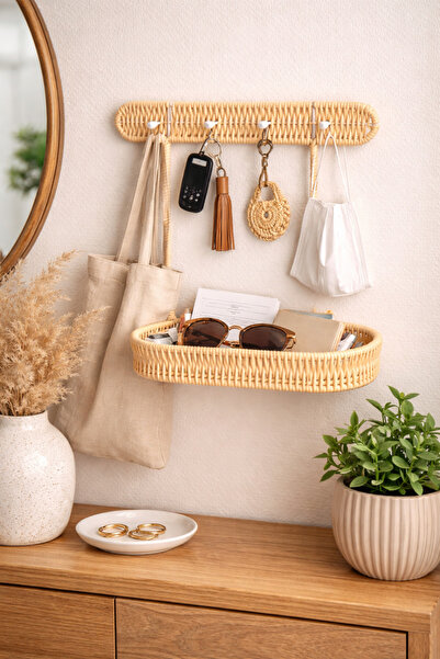 MİS KİTCHEN Natural Rattan Wall Shelf - Wicker with Hangers Keychain and Jewe...