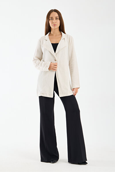 winmoda Kadın Keten Garnili Ceket Arka Dokuma Detaylı Tek Düğmeli Modern Şehi...