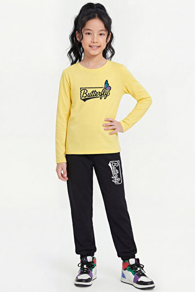 FYK KİDS Round Neck Long Sleeve Printed Detailed Girls' Top and Bottom Set