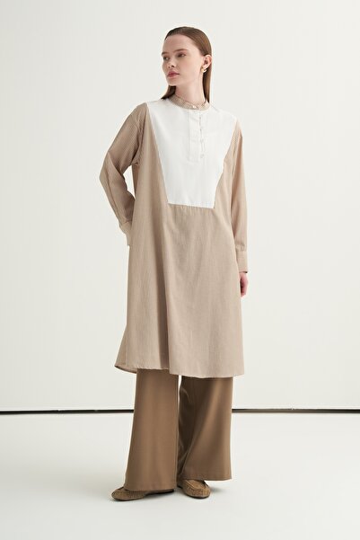 EBU Prive Γυναικείο τουνίκ με αντίθεση στο γιακά, μπεζ ριγέ