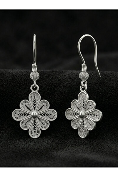 Erdobia 925 Ayar Gümüş Geleneksel Telkari Yonca Küpe - El İşçiliği Çiçek Moti...