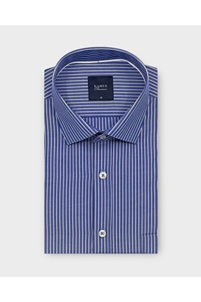 KAMER Men's Regular Fit Long Sleeve Classic Collar Striped Dark Blue Shirt 37...