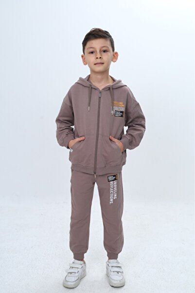 Toontoy Boy's Chest Lettering Printed Zippered Tracksuit Set