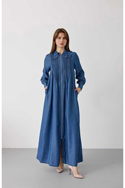 Neways 6671-Fermuarlı Nervürlü Yaka fırıfırlı Ferace Koyu Mavi