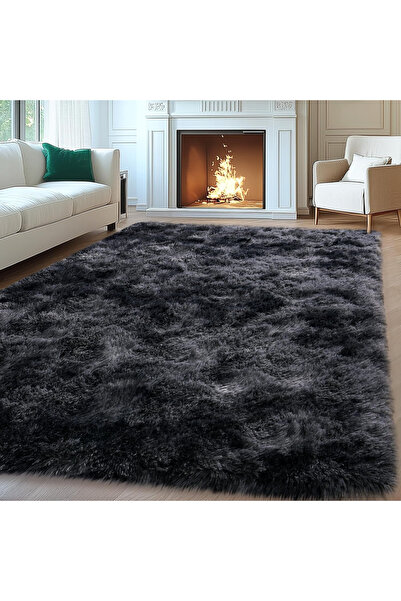 Klyte Shaggy Fluffy Area Rug, Grey Black Faux Fur Soft Carpet, Living Room Be...