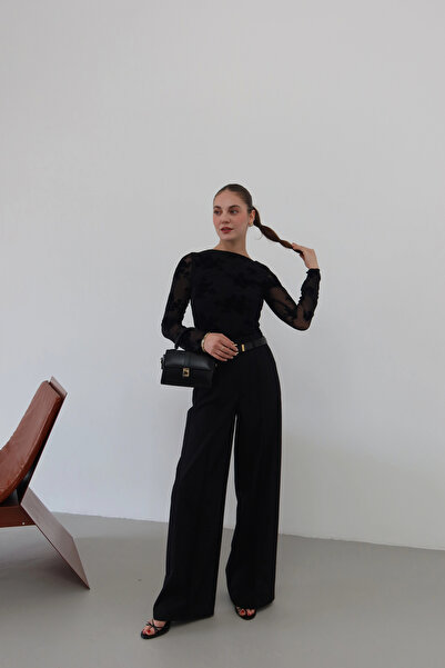 roea Belt Pieces with Elastic Waistband Palazzo Pants Black