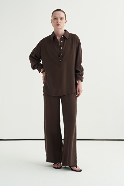 EBU Prive Γυναικείο πουκάμισο Modal με κλείσιμο με κουμπιά σε καφέ χρώμα