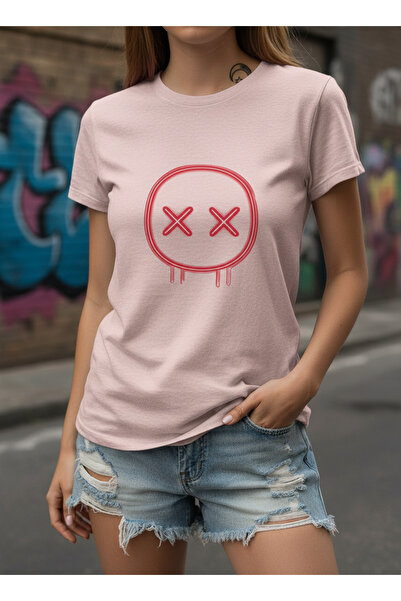 ship master Women's Neon Smile X Eye Printed Pink T-Shirt 100% Cotton Daily B...