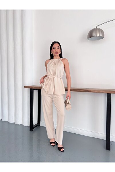 BELISTIL Halter Neck Stylish Wear-And-Go Double Suit with Belted Trousers
