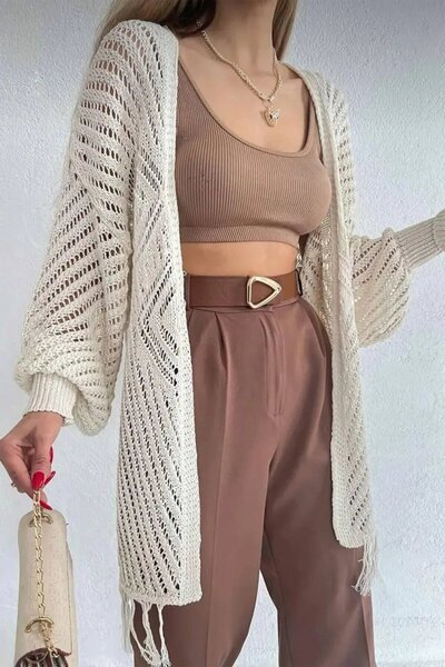 Cool & Sexy Cardigan tricotat ecru pentru femei – Detaliat cu ciucuri și mode...