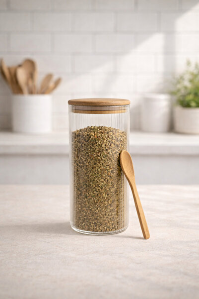 Kitchen Way بامبو وعاء زجاجي دائري من البوروسيليكات سعة 1500 مل مع ملعقة KW-372F