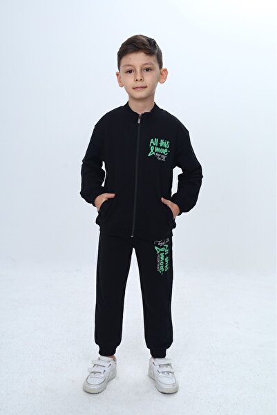 Toontoy Boy's Embossed Chest Printed Zippered Tracksuit Set