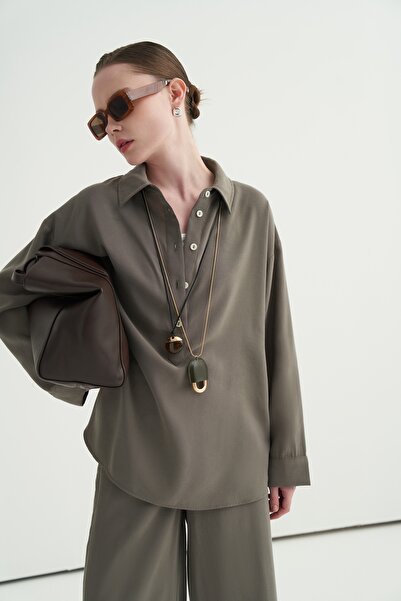 EBU Prive Γυναικείο πουκάμισο Modal με κλείσιμο με κουμπιά χακί