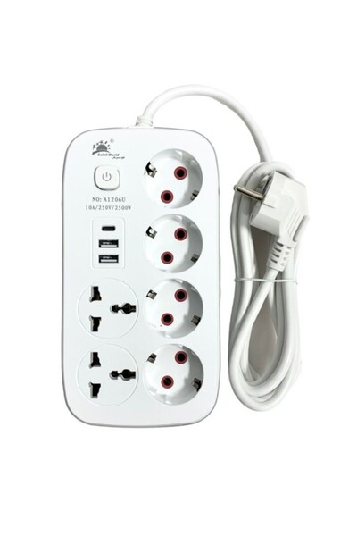 Soleil World Extension cord with 6 sockets, 2 UK, 4 EU standard, 2 USB A and ...