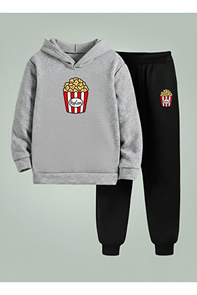 VODEXA Boy's Hooded Set Pop Corn Printed 3 Yarns Ş Brushed Inside Sweatshirt ...