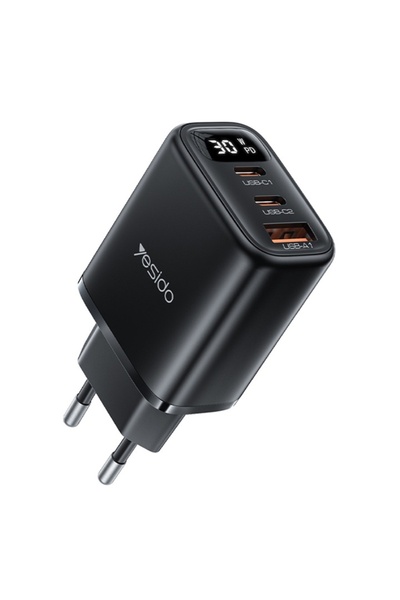 Yesido Зарядно за стена, 2x USB-C, 1x USB-A, PD 30W, цифров дисплей, черно