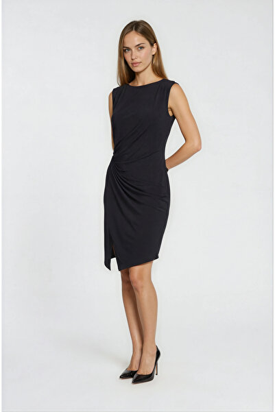 Spazio Drapeli Yırtmaçlı Kolsuz Elbise SİYAH