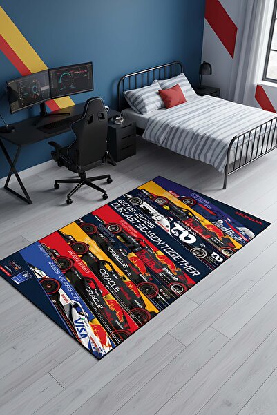 Pixel Dizayn Genç Odası Halısı Red Bull Formula 1 Temalı Kaymaz Dot Taban Dek...