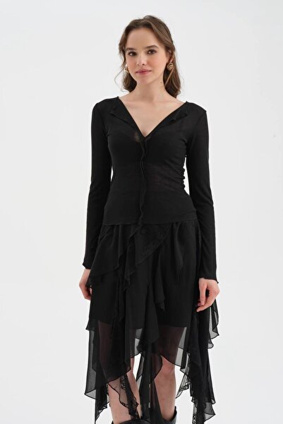 tw3 Kadın Transparan Görünümlü Tasarım Uzun Kollu Bluz