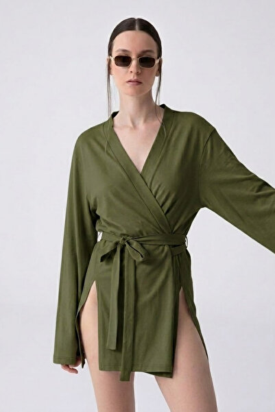 COMBİNE MİCHAİL Women's Long Sleeve Belted Khaki Mini Kimono