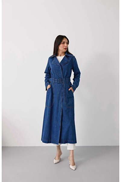 Neways 6669- دنيم معطف طويل حزام قطع باللون الأزرق الداكن