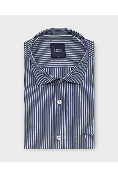 KAMER Men's Regular Fit Long Sleeve Classic Collar Striped Navy Blue Shirt 3784L