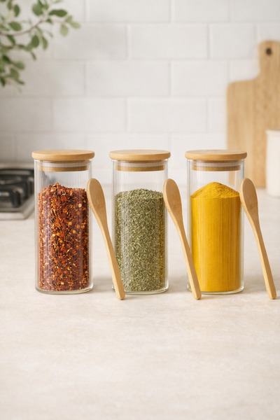 Kitchen Way بامبو طقم برطمانات زجاجية مربعة الشكل سعة 400 مل مع ملعقة ومقبض م...